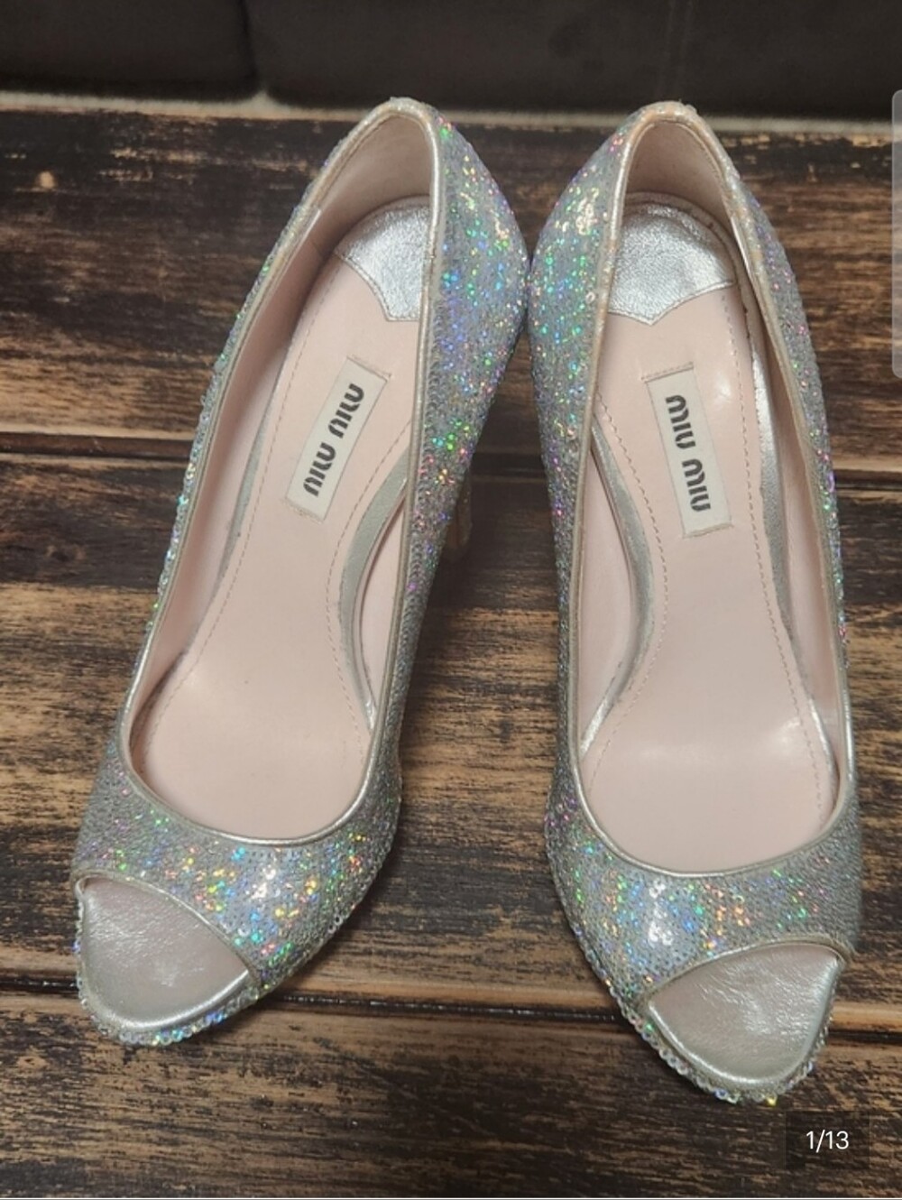 Miu Miu Silver Sequin Open Toe Platform Pumps Heels - Size 36 (US 6)